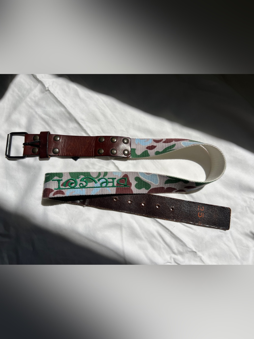Vintage DIESEL Y2K Camo Leather Canvas Studded Belt Stamped Size 25 | Fits 30-34